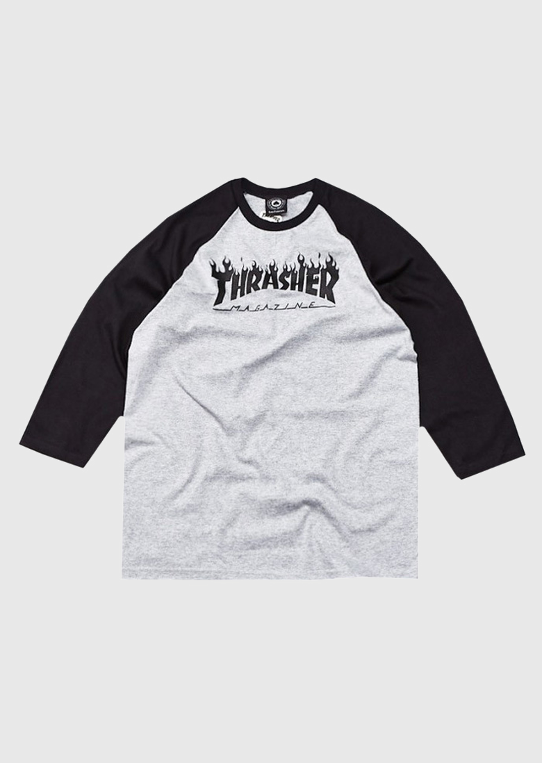 Thrasher - THRASHER T-SHIRT FLAME RAGLAN GREY BLACK