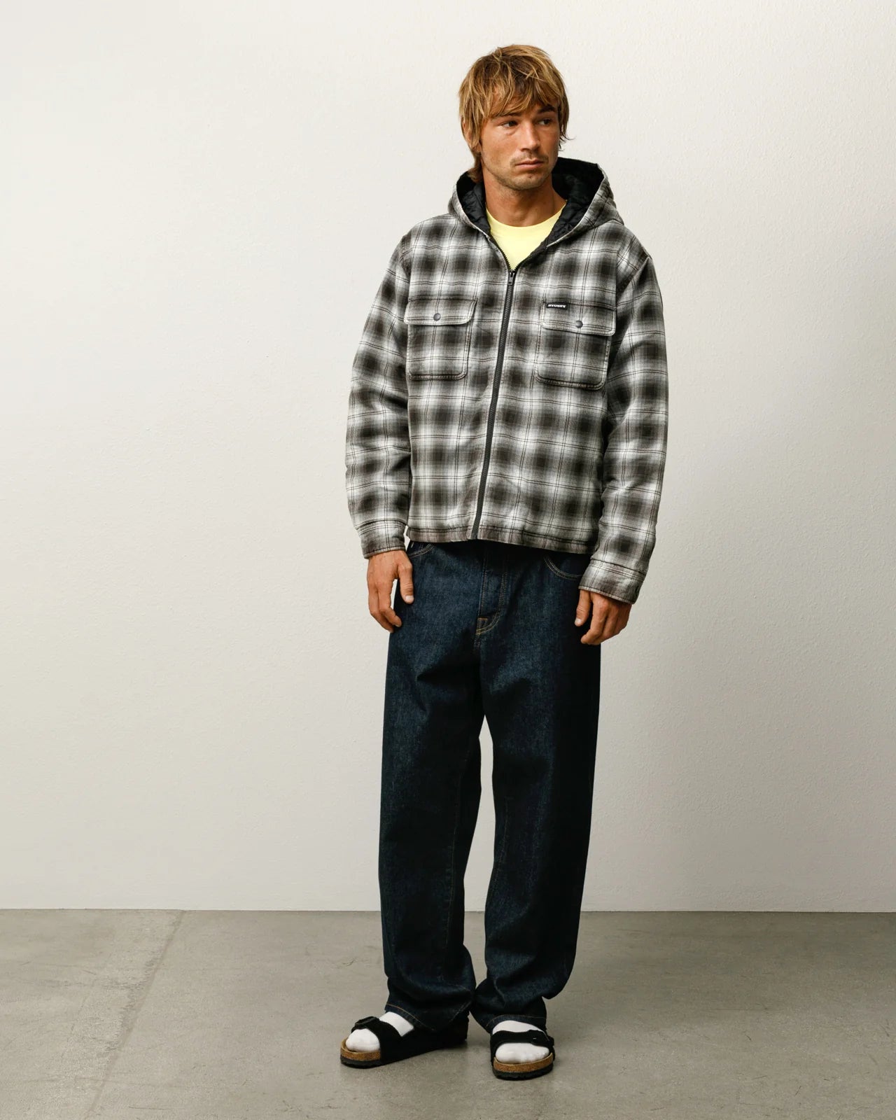Stussy Chemise - Zip Hooded Plaid - Charcoal