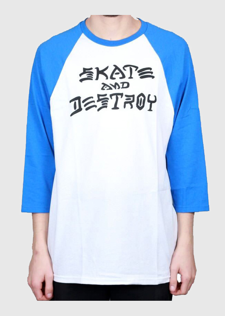Thrasher - THRASHER T-SHIRT SKATE &amp; DESTROY RAGLAN WHITE BLUE