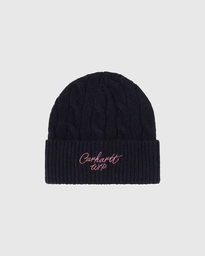 Carhartt WIP Bonnet - Signature Cable Beanie - Deep Night/Glassy Pink
