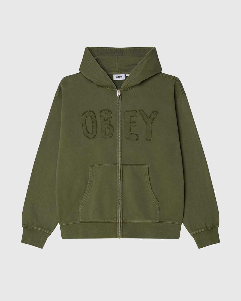 Obey Hoodie - Hybrid Faded Zip- Deep Lichen Green Faded Wash